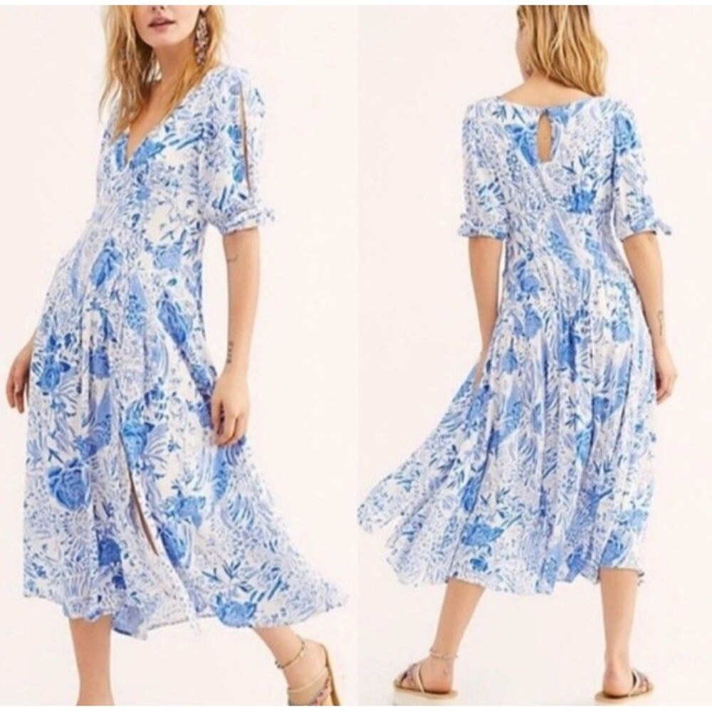 Free People Forever Always Blue Fit & Flare Boho Midi Dress Sz 2 Coquette (V4
